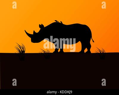 Vector Black Rhino Silhouette Sonnenuntergang im Hintergrund Stock Vektor