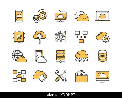Cloud omputing. Internet Technologie. Online Services. Daten, Informationen Sicherheit.. dünne Linie gelb Web Icon Set. Überblick icons Collection. Vector Illustration. Stock Vektor