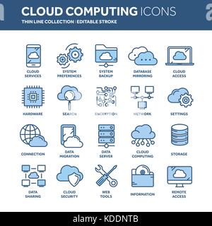 Cloud omputing. Internet Technologie. Online Services. Daten, Informationen Sicherheit.. dünne Linie blau Web Icon Set. Überblick icons Collection. Vector Illustration. Stock Vektor
