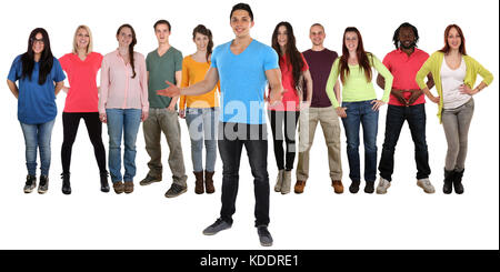 Gruppe von jungen Menschen glücklich Freunde willkommen auf weißem Hintergrund Stockfoto