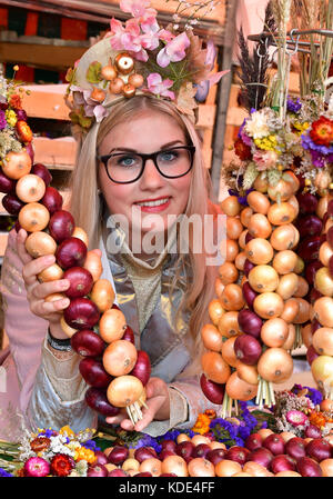 Weimar, Deutschland. 13. Oktober 2017. Die Zwiebelmarktkönigin, die 19-jährige Gina-Marie Hildebrandt-Kanhold, präsentiert auf dem Weimarer Zwiebelmarkt 364. die traditionellen geflochtenen Zwiebelbrötchen. Weimarer Zwiebelmarkt) in Weimar, Deutschland, 13. Oktober 2017. Bis zum 15. Oktober lockt Thüringens berühmtestes Volksfest rund 300,000 Besucher an. Rund 500 Stände bieten die beliebten rot-weißen zwiebelgeflochtenen Bunchs, warme Zwiebeltarte, Thüringer Bratwurst, Getränke und Kunsthandwerk. Quelle: Martin Schutt/dpa-Zentralbild/dpa/Alamy Live News Stockfoto