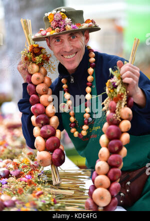 Weimar, Deutschland. Oktober 2017. Udo Pötzschke aus Heldrungen präsentiert seine Zwiebelsträhnen auf dem 364. Weimarer Zwiebelmarkt in Weimar, 13. Oktober 2017. Das berühmteste Volksfest Thüringens zieht bis zum 15. Oktober rund 300,000 Besucher an. Rund 500 Stände bieten die beliebten rot-weiß geflochtenen Zwiebelbündel, warme Zwiebeltorte, Thüringer Bratwurst, Getränke und Kunsthandwerk an. Quelle: Martin Schutt/dpa-Zentralbild/dpa/Alamy Live News Stockfoto