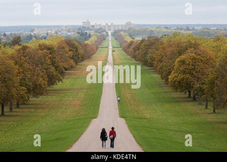 Windsor, Großbritannien. 13. Oktober 2017. Im Herbst Farben auf Reihen von Rosskastanie und London Platanen auf der Suche nach dem langen Spaziergang im Windsor Great Park in Richtung Schloss Windsor. Credit: Mark kerrison/alamy leben Nachrichten Stockfoto