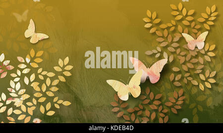 Grafische Darstellung von einfachen Blätter und Schmetterlinge gegen eine handbemalte strukturierten Hintergrund. Spring Season Typ Art vermittelt und friedliche Atmosphäre. Stockfoto