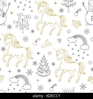 Muster mit Einhörner, Bäume, Vögel, Schneemänner Stock Vektor