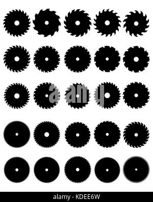 Schwarze Silhouetten verschiedener Kreissägeblätter, Vektor Stockfoto