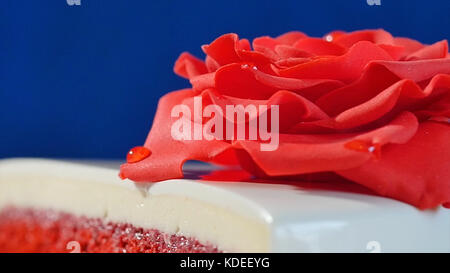 Weißer Kuchen mit Schokoladenornamenten und roter Marzipanrose auf dunkelblauem Hintergrund. Kuchen, dekoriert mit essbaren roten Rosen aus nächster Nähe Stockfoto