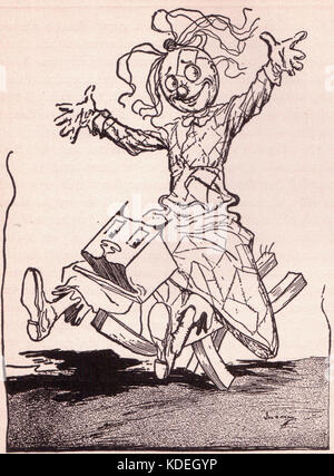 Dieser Titel bezieht sich auf eine Seite aus einer Publikation, wahrscheinlich ein Comic oder ein illustriertes Werk, mit Fetzen, einer Figur, die auf Woozy reitet, wahrscheinlich ein Tier oder eine mystische Kreatur. Das Bild hebt den Kunststil und die Erzählung des Stücks hervor. Stockfoto