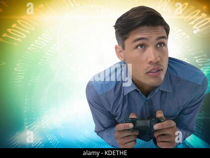 Digital composite des Menschen spielen mit Computer Game Controller mit hellen bunten Hintergrund Stockfoto