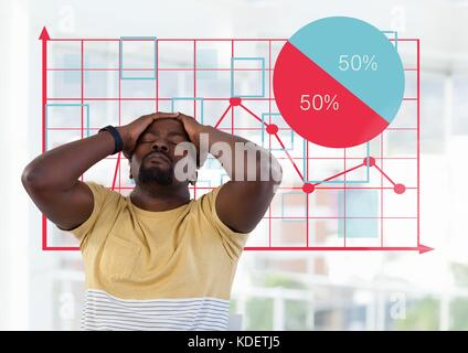 Digital composite Müde Geschäftsmann am Schreibtisch und Grid chart Punkte Stockfoto