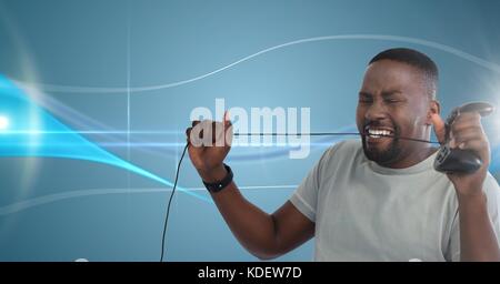 Digital composite frustrierter Mann spielt mit computer game Controller Stockfoto
