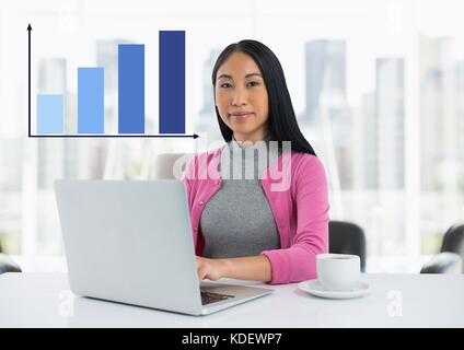 Digital composite Der geschäftsfrau am Schreibtisch mit Laptop- und Balkendiagramm Stockfoto