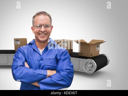 Digital composite der Mann mit Boxen auf Transportband