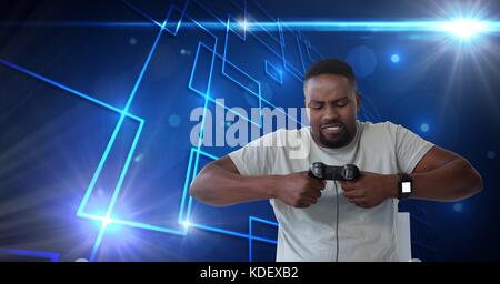 Digital composite des Menschen frustriert Spielen mit computer game Controller Stockfoto