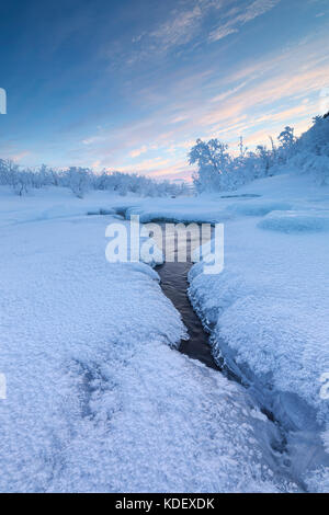 Sonnenaufgang auf dem gefrorenen Fluss, abisko, Norrbotten County, Gemeinde Kiruna, Lappland, Schweden Stockfoto