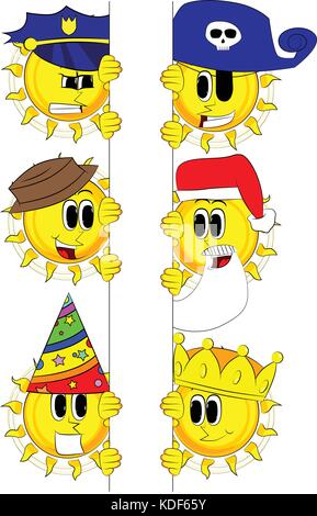 Cartoon sun Holding leer Zeichen. Sammlung mit Kostüm. Ausdrücke Vektor einrichten. Stock Vektor