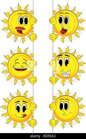 Cartoon sun Holding leer Zeichen. Sammlung mit glücklichen Gesichtern. Ausdrücke Vektor einrichten. Stock Vektor