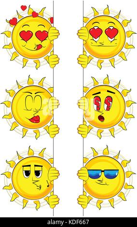 Cartoon sun Holding leer Zeichen. Sammlung mit verschiedenen Gesichtsausdrücke. Vektor einrichten. Stock Vektor