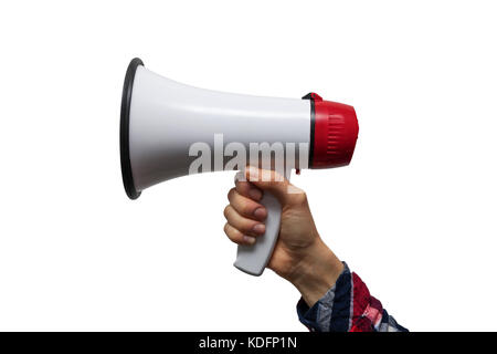 Ankündigung - Hand mit Megaphon auf weißem Hintergrund Stockfoto