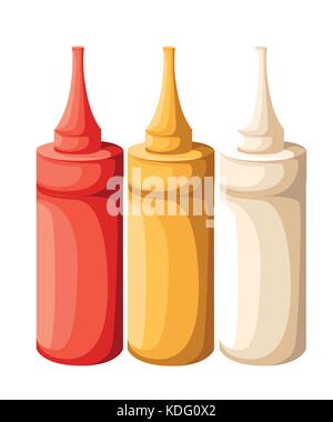 Vektor einrichten von leeren Kunststoff weiß rot gelb Mayonnaise Senf ketchup Flasche für Branding ohne Etikett auf Hintergrund Web site Seite und Mob isoliert Stock Vektor