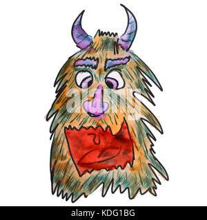 Haarige Monster mit Hörnern gelb Aquarell Cartoon zeichnen auf weißem Hintergrund Stockfoto