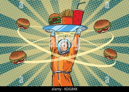 Astronaut mit einem Fach an fast food. pop art retro Vektor Illustrator Stock Vektor