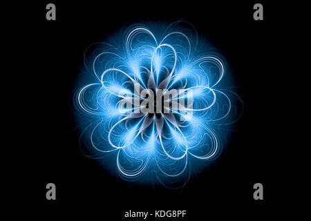Blau leuchtende magische Mandala Blume insolated auf Schwarz, computer-generierte Zusammenfassung Hintergrund, 3D-Rendering Stockfoto