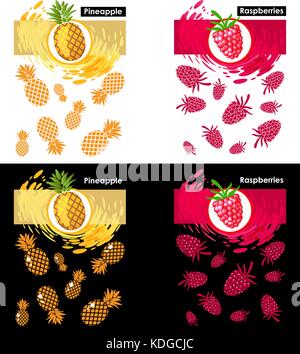 Legen Sie die Beschriftungsoptionen Symbol der Früchte von Weiß und Schwarz, Muster, Himbeere und Ananas, Splash Hintergrund Stock Vektor