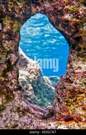 Ein Unterwasser-shot zeigt eine natürliche Fenster geschnitzt mit einer spektakulären Aussicht. Schuß an Bahar ic-Caghaq in der Mittelmeer insel Malta Stockfoto