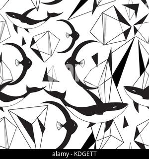 Abstrakte grafische Muster aus geometrischen Formen und Fisch auf einem hellen Hintergrund Stock Vektor
