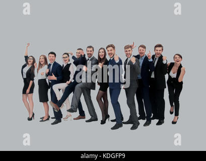 Gruppe von Jubelnden Geschäftsleute vor Freude hüpfend und schreien in ihrer Aufregung an ihrem Erfolg isoliert auf weißem Stockfoto