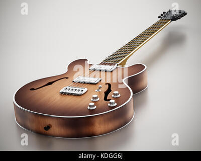 Vintage E-Gitarre stehen auf grauen Hintergrund. 3D-Darstellung. Stockfoto