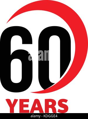 60. Jahrestag abstract Vector Logo. 60 Herzlichen Glückwunsch zum Geburtstag Tag Symbol. Schwarze Zahlen in roter Bogen mit Text 60 Jahre. Stock Vektor
