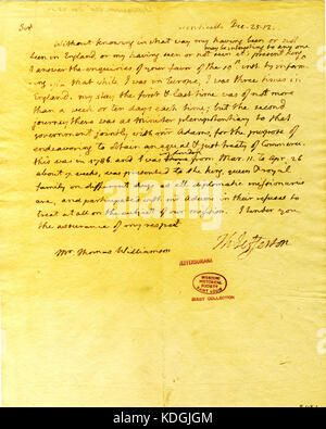 Brief von Thomas Jefferson, Monticello, Thomas Williamson, 25. Dezember 1812 Stockfoto