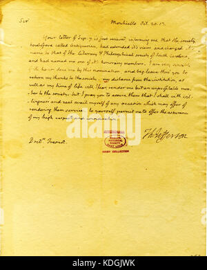 Brief von Thomas Jefferson, Monticello, Dr. Johannes Trescot, 20. Oktober 1813 Stockfoto