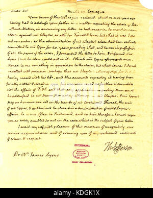 Brief von Thomas Jefferson, Monticello, Dr. James Lyons, 29. Januar 1814 Stockfoto