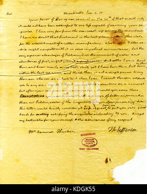 Brief von Thomas Jefferson, Monticello, zu Samuel Thurber, 2. Januar 1815 Stockfoto