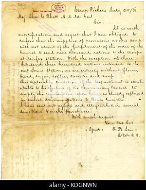 Dieser Brief vom 24. Juli 1861 wurde von Camp Pickens an Major Thomas G. Rhett geschickt. Es bietet eine Momentaufnahme der Kommunikation in den frühen Stadien des Amerikanischen Bürgerkriegs. Stockfoto