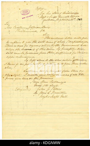 Brief unterzeichnet John J. Pettus, Head Quarters, Zustand von Mississippi, Adjutant und der Inspector General Office, Jackson, an Seine Exzellenz Jefferson Davis, Richmond, Virginia, 23. September 1862 Stockfoto