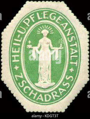 Dieser Titel bezieht sich wahrscheinlich auf ein Siegel oder eine amtliche Marke der Heil und Pflegeanstalt Zschadrass. Der Verweis auf das Siegel weist auf seine historische Bedeutung in der institutionellen Dokumentation hin. Stockfoto