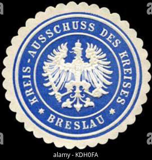 Dieser Titel bezieht sich auf eine Siegelmarke des Kreis Ausschuss Breslau, einer historischen Verwaltungsstelle in der Stadt Breslau (heute Wrocław, Polen). Das Siegel wurde für amtliche Dokumente und Verwaltungszwecke verwendet. Stockfoto