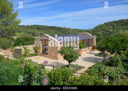 Gewächshaus und Garten, Weingut Domaine de Berne, Lorgues, Var, Provence, Frankreich. Und Blick auf den provenzalischen oder Var-Wald. Stockfoto