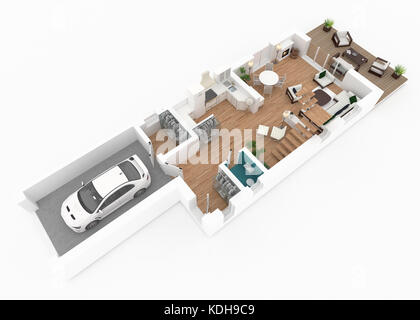 3d-plan von möblierten Apartment House Stockfoto