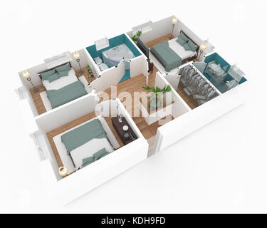 3d-plan von möblierten Apartment House Stockfoto