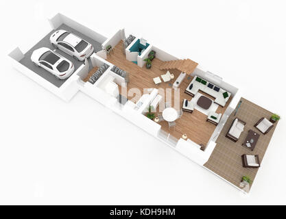 3d-plan von möblierten Apartment House Stockfoto