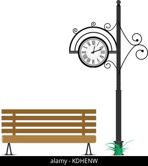 Retro Wecker und Holzbank. vintage Uhr auf Pole und Sitzbank Eleganz für den Sitz" in park. Vector Illustration Stock Vektor