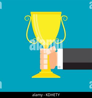 Sieger im Geschäft. goldener Becher in der Hand. Vektor Golden Cup Trophäe, Sieger cup Abbildung Stock Vektor