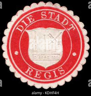 Das Bild zeigt ein Siegel der Stadt Regis, möglicherweise ein historisches oder administratives Zeichen, das von der Stadt für offizielle Dokumente und Identitätsnachweise verwendet wird. Stockfoto