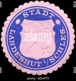 Dieser Titel bezieht sich auf eine Siegelmarke aus der Stadt Landeshut in Schlesien, heute Teil Polens. Sie bezieht sich auf historische Postpraktiken in der Region. Stockfoto