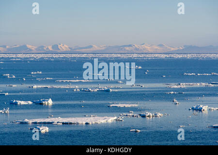 Offshore Blick über Meer Eisscholle in die Berge an der Ostküste bei 2 in den arktischen Sommer 2017 bin. Insel Spitzbergen Svalbard Norwegen Skandinavien Stockfoto